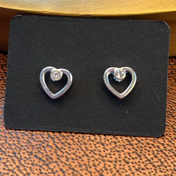 Small Open Heart With Crystal Stud Earrings- Silver - Picture 1 of 4